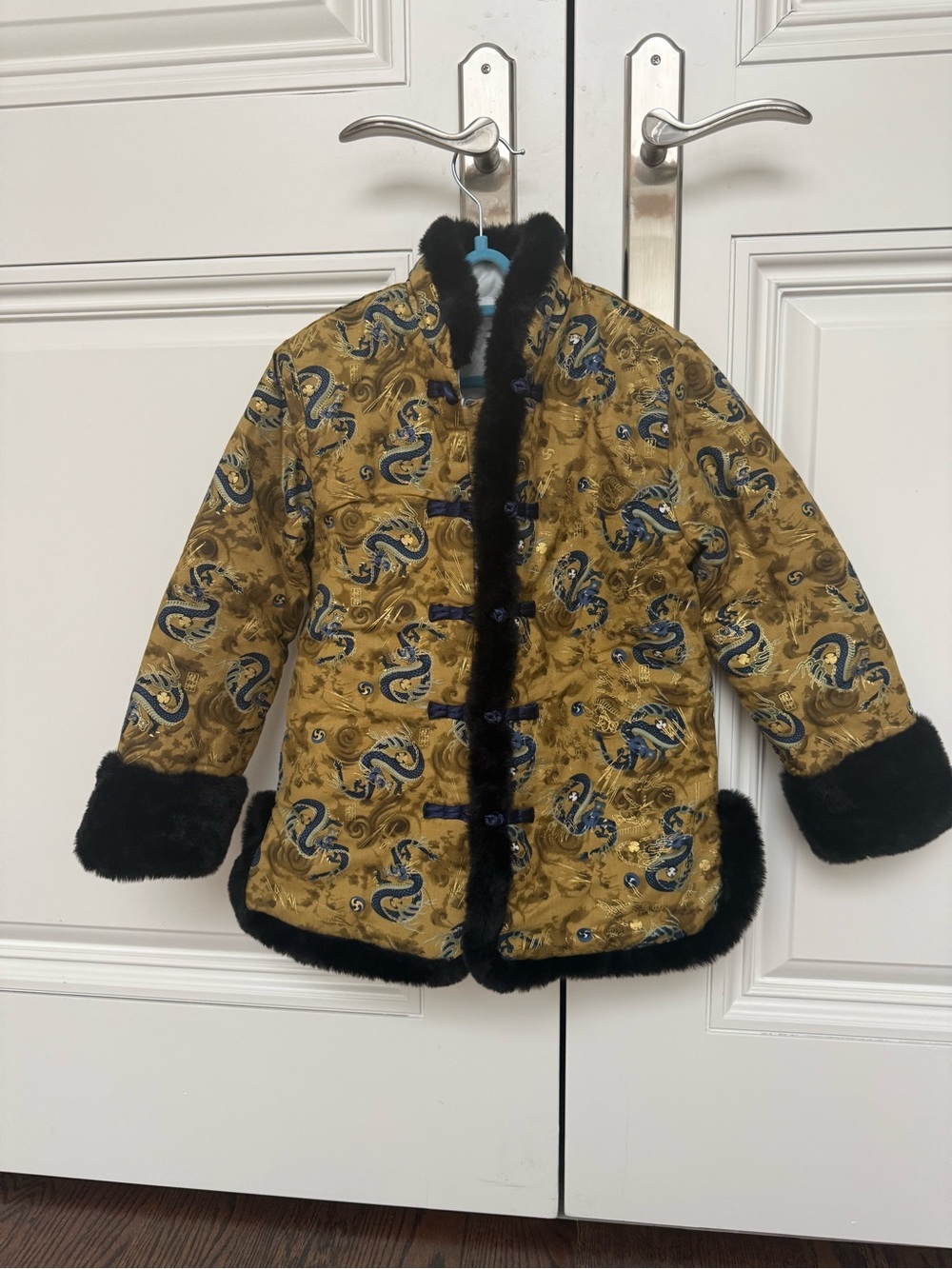 Kids Gold Brocade Dragon Print Coat with Black Faux Fur Trim